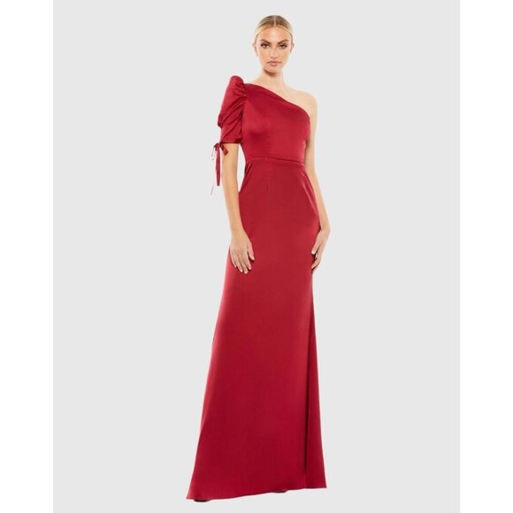 Mac Duggal Size 18 Burgundy 55632 Satin One Shoulder Puff Sleeve Trumpet Gown - Picture 1 of 10